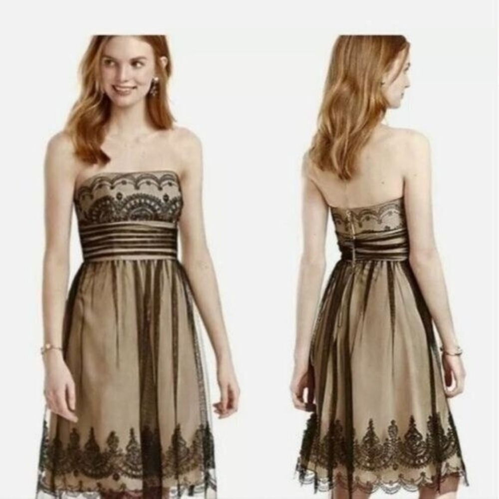 Davids Bridal Strapless Champagne Black Mesh Overlay Embroidered Dress Size 6